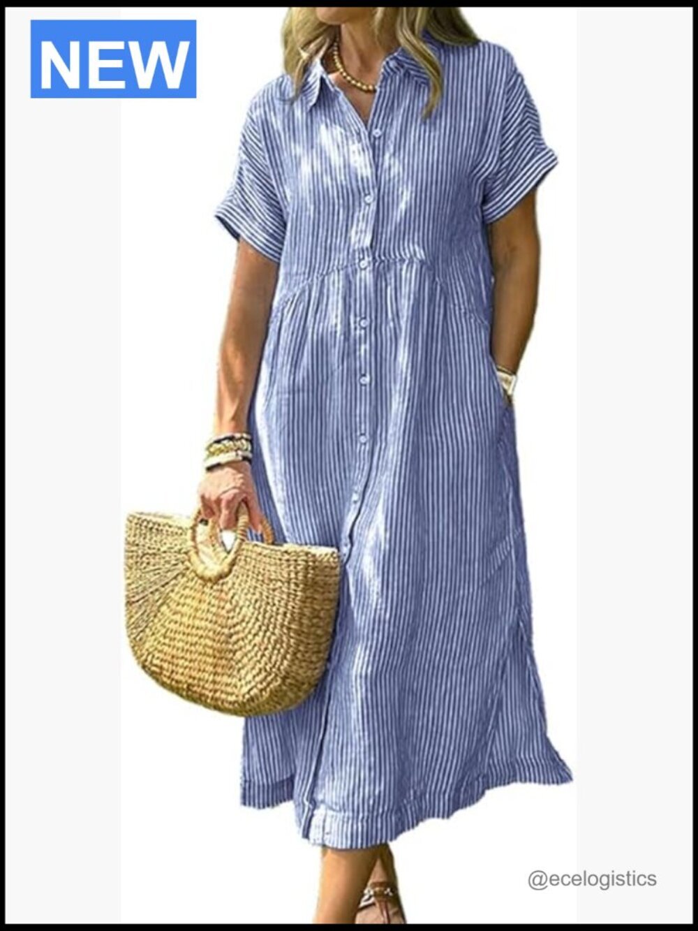 Striped Midi Shirt Dress Button Down Short Sleeve A-Line Casual